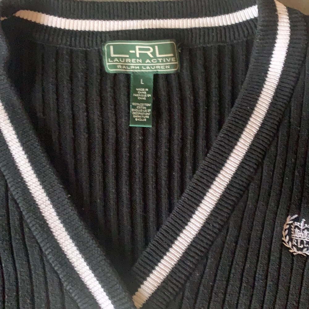 Lauren Ralph Lauren Black Short-Sleeve Ribbed Cardigan with White Trim - Picture 3 of 7